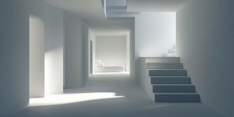 Fototapeta premium Empty, sunlit hallway with stairs