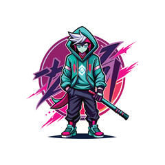 Cyberpunk anime character with sword and hoodie in vibrant colors
