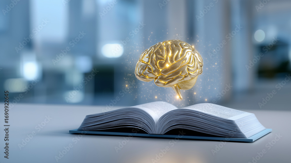 Poster open book with a glowing golden brain floating above symbolizing knowledge and intelligence.
