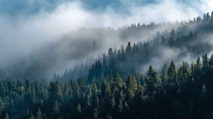 Misty forest landscape with evergreen trees in atmospheric conditions