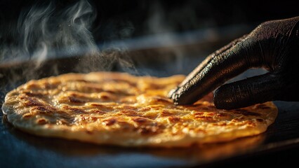 Traditional Hand-Made Flatbread Baking Process with Visible Heat and Texture. A gloved hand gently touches the edge, emphasizing the hand-prepared nature of the food. 

