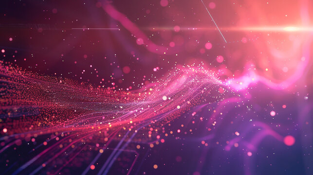 "Vibrant Flowing Particle Waves: An Abstract Digital Artwork Featuring Dynamic, Shimmering Streaks of Pink and Purple Light with Sparkling Bokeh Effects, Evoking Energy, Movement, and a Futuristic Aes
