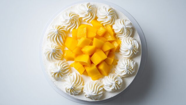 Top View of Mango Cake covered with neat piped swirls of whipped cream and a pile of bright yellow mango chunks, creating a beautiful and appetizing pattern. 