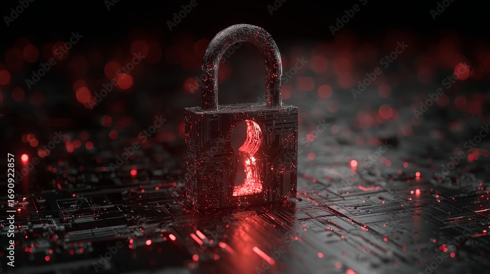 Poster cybernetic padlock with circuit details symbolizes data protection against digital threads and elect