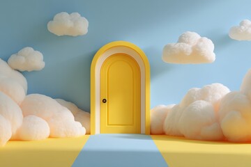 A whimsical, colorful doorway nestled among fluffy clouds