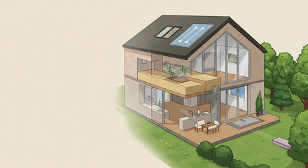 Modern architectural illustration of an eco-friendly house with solar panels and a bright interior