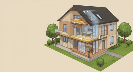Conceptual diagram of a modern home featuring an energy-efficient ventilation system