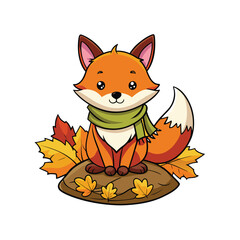 Cute cartoon fox wearing a red scarf surrounded by autumn leaves