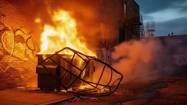 A fiery dumpster blaze in an urban setting amidst billowing smoke.