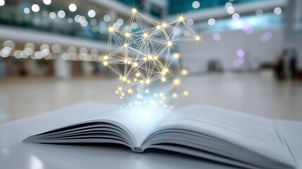 Open book emitting glowing network of connections symbolizing digital knowledge and information.
