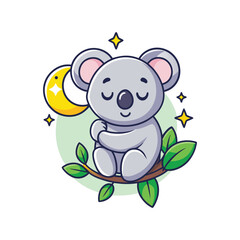 Cute cartoon koala sleeping on a tree branch under the moon and stars