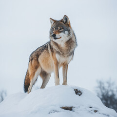 Obraz premium Coyote on Snowy Hill: A majestic coyote, perched atop a snow-covered hill, surveys the winter landscape with keen eyes. The scene evokes a sense of wildness and solitude.