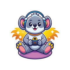 Cute koala character playing video games with headphones and joystick