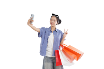 Joyful Shopper Capturing a Moment: A cheerful woman, sun-kissed after a day of retail therapy, captures a selfie, cradling shopping bags as she embodies the essence of leisure and contentment.