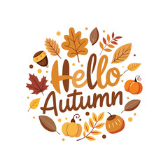 Hello autumn greeting with pumpkins and leaves