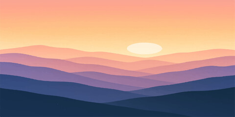 Fototapeta premium An orange light of the rising sun silhouettes the morning mountain landscape