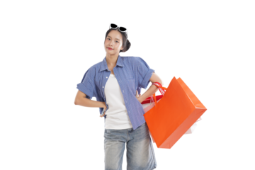Retail Therapy's Delight: A vibrant young woman is captured radiating with the pleasure of shopping, carrying stylish bags, embodying the essence of retail therapy. 