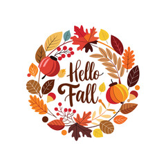 Hello fall autumn wreath with leaves pumpkins and berries