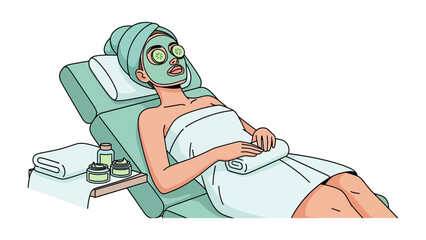 Relaxed woman with cucumber slices on eyes and green face mask lying on spa bed wrapped in towels