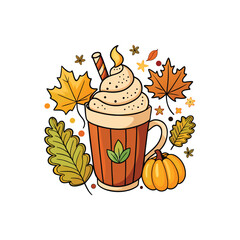 Cozy autumn drink with pumpkin and fall leaves illustration