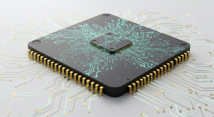 Advanced microchip with a glowing neural network pattern visualizing the intricate process of data flow and artificial intelligence