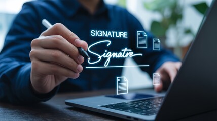 A person digitally signing documents on a laptop, showcasing modern technology for remote signatures and electronic paperwork.