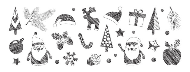 Christmas sketch doodle icon, winter crayon scribble. Xmas snowman, pine, fir, Santa hat. Charcoal gift box, tree and ball, apple, acorn. Reindeer and snowflake isolated on bg. Vector illustration
