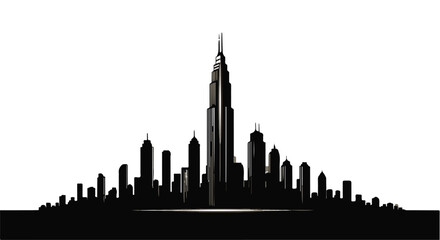 Obraz premium Dramatic silhouette of a modern city skyline against a bright white background.