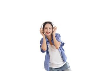 Music in my heart: A cheerful lady in a joyful dance, headphones enveloping her ears. A celebration of rhythm and music and movement