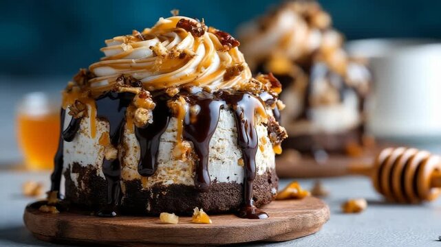 Delicious caramel cheesecake dessert with nuts and chocolate topping recipe