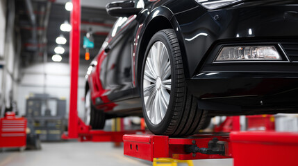 Close-up of a black car lifted on a hydraulic ramp in an auto repair garage.
