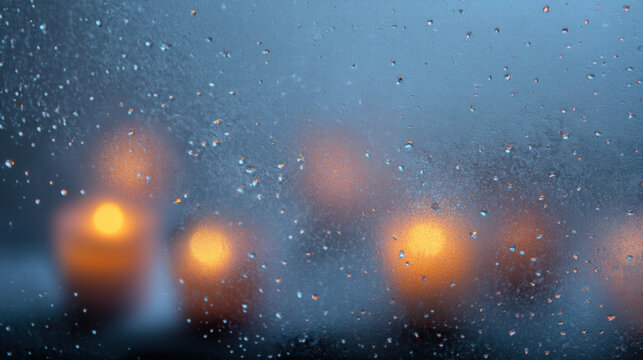 Holiday candlelight glows softly through window in winter storm creating peaceful and cozy atmosphere
