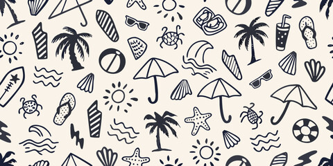 Seamless pattern of hand drawn beach and summer vacation icons in black and white