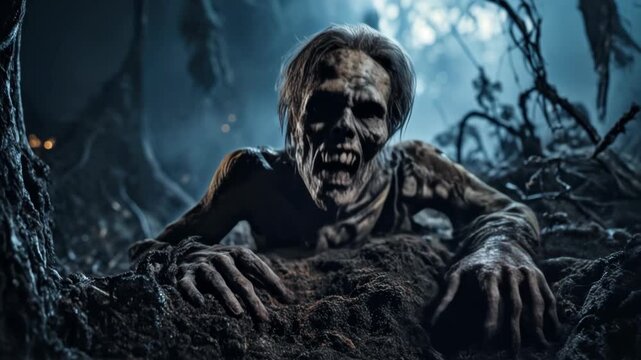 Horror scene: scary undead crawls out of grave in graveyard at Halloween night, spooky living dead at cemetery