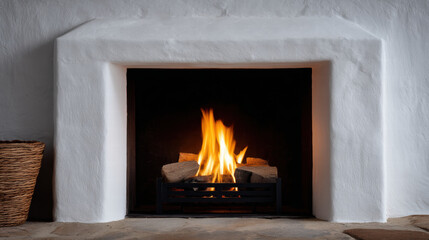 Minimalist fireplace with warm fire in cozy holiday setting, glowing gently during snowy night indoors