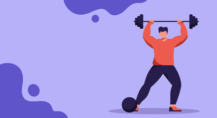 Determined man lifts heavy barbell overhead, showcasing strength, fitness, and an active lifestyle. Perfect for wellness and sport themes.