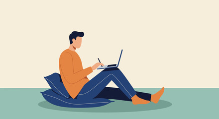 Man comfortably works from home using a laptop and stylus, illustrating remote work, freelance design, or online education in a relaxed setting.