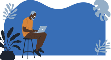 Senior Black man actively using a laptop on a stool, representing digital learning, remote work, or modern lifestyle. Copy space for text.