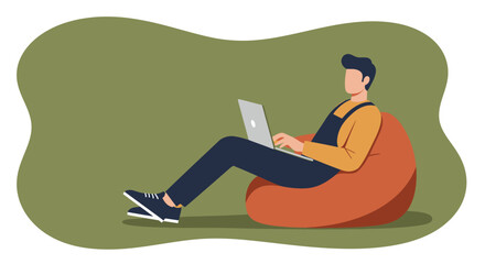 Man working comfortably on a laptop while relaxing on a bean bag. Ideal for remote work, freelance, flexible hours, and modern lifestyle concepts.