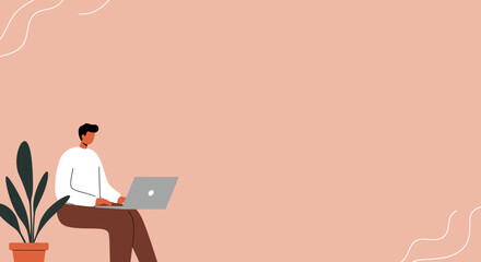 Modern illustration of a man focused on his laptop, embodying remote work, digital productivity, and online learning. Ideal for business and lifestyle themes.