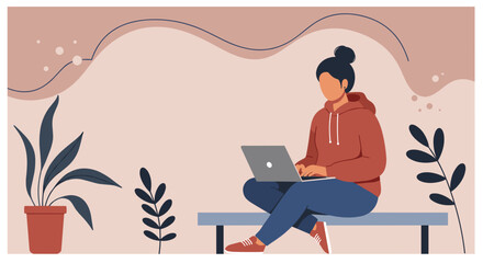 Young person in casual attire using a laptop, symbolizing remote work, online learning, or a modern digital lifestyle.