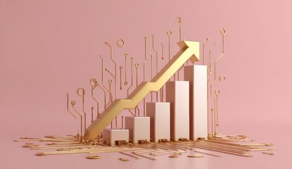 Golden upward trend graph on a pink background with circuit board elements