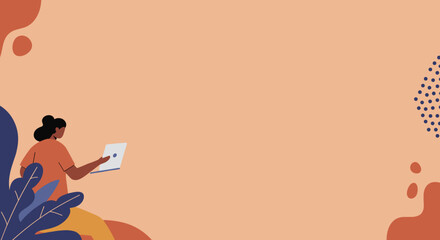 Illustration of a person working or learning remotely with a laptop against an abstract, artistic background. Represents productivity, digital lifestyle, and online education concepts.