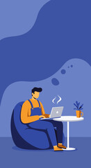Person working remotely on laptop from a comfortable bean bag chair at home, highlighting flexible modern work and digital lifestyle.