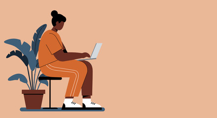 Stylish illustration of a person focused on their laptop, representing remote work, online education, or freelance lifestyle.
