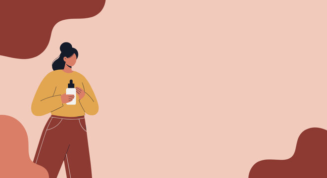 Minimalist illustration of a woman holding a dropper bottle, representing skincare, beauty, or cosmetic products. Ideal for lifestyle and wellness branding.