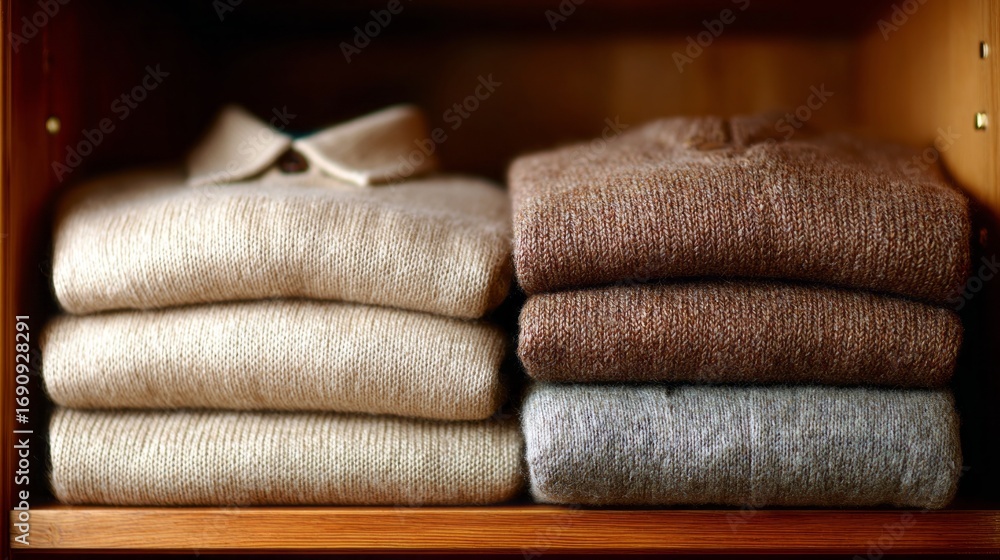 Poster neatly organized folded sweatshirts and trousers displayed on an open shelf in a cozy space