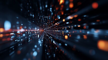 Obraz premium Digital data stream with glowing particles creating visual speed and movement in cyberspace exploration landscape view.