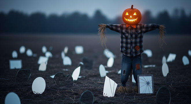 Spooky pumpkin scarecrow stands guard in a foggy field adorned with tombstones at dusk.