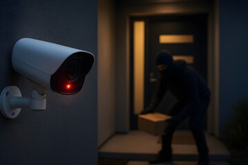 Security camera detecting package theft at doorstep